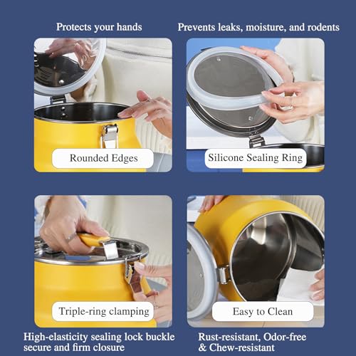 25 Lbs Stainless Steel Dog Food Storage Container with Scoop, Large Metal Dog Food Bin with Airtight Lid & Locking Clamp, Pet Treat Jars for Dogs & Cats, Keep Fresh, Yellow