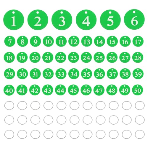 PATIKIL 50PCS Number Tags 1-50, Number Key Tags Aluminum Numbered Keychain Metal Round with Key Rings for Organizer Field Sales Hangers Clothes Labels ID, Green - color: Green