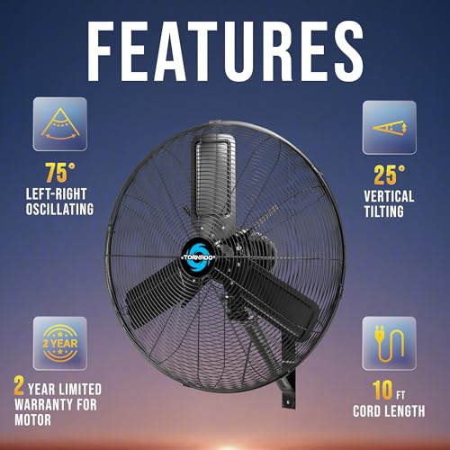 Tornado 24 Inch High-Velocity Oscillating Wall Mount Fan – IPX4 Water-Resistant, Industrial-Grade TEAO Motor, 2-Speed, 7350 CFM, cETL Certified for Outdoor Use - size: 24 inch, style: Industrial