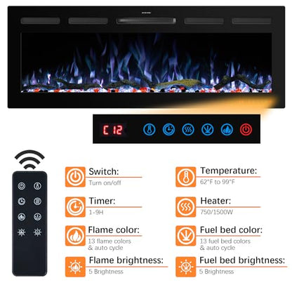 65" WiFi Electric Fireplace Inserts, Recessed and Wall Mounted Fireplace Heater W/Adjustable Flame Color & Brightness, Thermostat, 9H Timer, App and Remote Control, Low Noise, 750/1500W - size: 65" WiFi