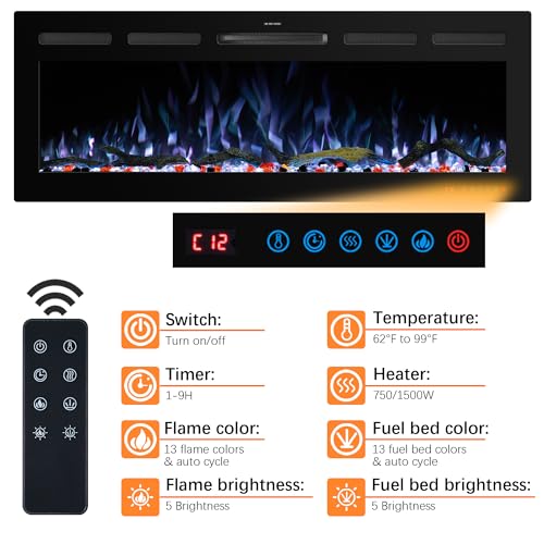 80" WiFi Electric Fireplace Inserts, Recessed and Wall Mounted Fireplace Heater W/Adjustable Flame Color & Brightness, Thermostat, 9H Timer, App and Remote Control, 750/1500W - size: 80" WiFi