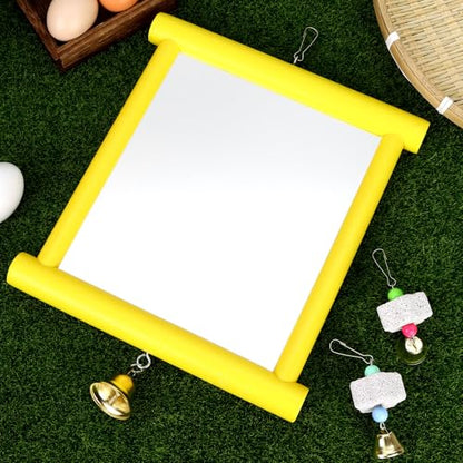 1 Pieces Chicken Mirror Toys Large 12 x 10 Inch Hanging Swing Mirror with Bell Wooden Pecking Toy and 2 Pieces Beak Grinding Molar Stones for Hens Birds Parrots Coop Roosters(Yellow)
