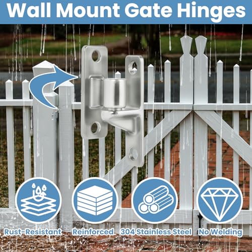 304 Stainless Steel Gate Hinges 4Pack Wall Mount Gate Hinges for Farm Gates Heavy Duty Door Fence Hinges for Wooden Fence, Gate, Concrete, Capacity Up to 600lbs (16Pcs Screws & Nut Driver Included)