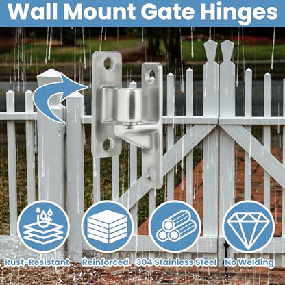 304 Stainless Steel Gate Hinges 4Pack Wall Mount Gate Hinges for Farm Gates Heavy Duty Door Fence Hinges for Wooden Fence, Gate, Concrete, Capacity Up to 600lbs (16Pcs Screws & Nut Driver Included)