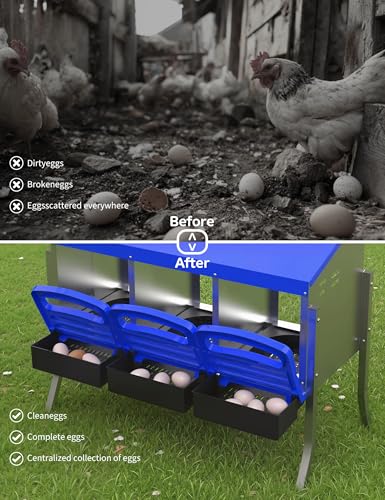 Garvee Nesting Boxes for Chickens - 3 Compartment Metal Stainless Steel Chicken Nesting Boxes with Pull-Out Trays,Hen Roosting & Laying Eggs,Roll Away Design,Easy to Install and Easy to Clean - color: Blue, size: 3 Holes with legs