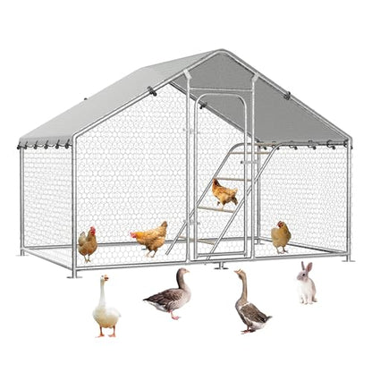 Large Metal Chicken Coop with Roosting Perch, Waterproof and UV-Resistant Cover,Outdoor Walk-in Cage Hen House for Yard Farm Rabbit Duck Chicken Run with Spire Roof(9.9'W x 5'L x 6.4'H) - size: 59.9"L x 118.0"W x 78.0"H