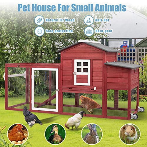 PetsCosset 79" Wooden Chicken Coop Rabbit Cage with Nesting Box, Waterproof Roof, Removable Tray, Combinable - color: Hen house-Red, size: 75.0"L x 26.0"W x 39.0"H