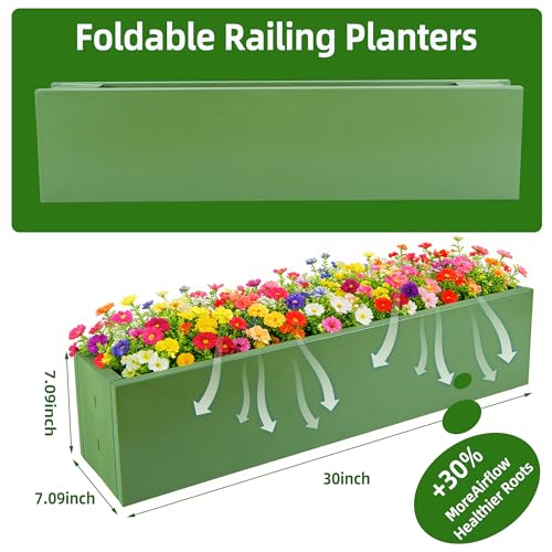 2 Pack Metal Railing Planter Box, 30 Inch Balcony Planters with Adjustable Brackets, Large Hanging Planters for Outdoor Fence Deck - color: Green 2pcs
