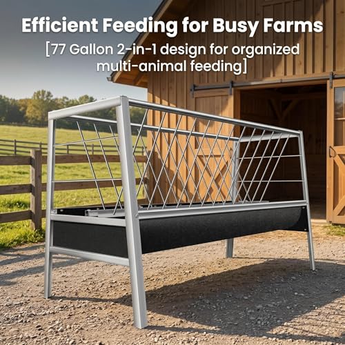 77Gal Pasture Hay Feeder, 2-in-1 Multi-Functional Livestock Feeder, Elevated & Stable Stainless Frame with Rubber Liner Container, Large Volume for Farm Ranch Kinds of Livestock