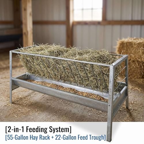 Outdoor Galvanized Goat Feeder, 2-in-1 hay Feeder and Enclosed Feed Trough Combo, Weather-Resistant Steel Rack for Goats and Sheep, Holds 55 Gal Hay for Small Farms - color: white