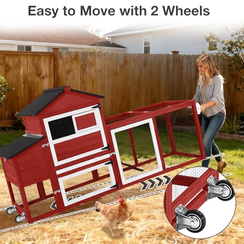 Large Mobile Chicken Coop Wooden with Wheels, Expandable Outdoor Chicken House with Nesting Box & Pull-Out Tray, Easy-Clean Poultry Coop for 2–3 Chickens & Ducks - color: Red