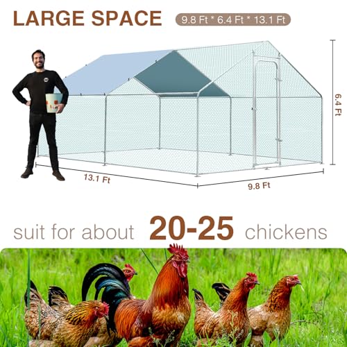 Metal Large Chicken Coop for 20-25 Chickens, Portable, Walk-in Chicken Run, Chicken Pen Outdoor W/Cover, Waterproof & Anti-UV, 13.1' D x 9.8' W x 6.4' H, Wire Mesh Poultry Cage for Yard - size: 157.5"L x 118.1"W x 76.8"H, style: Spire Roof