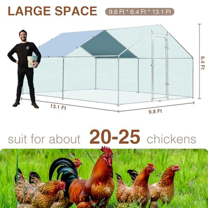 Metal Large Chicken Coop for 20-25 Chickens, Portable, Walk-in Chicken Run, Chicken Pen Outdoor W/Cover, Waterproof & Anti-UV, 13.1' D x 9.8' W x 6.4' H, Wire Mesh Poultry Cage for Yard - size: 157.5"L x 118.1"W x 76.8"H, style: Spire Roof