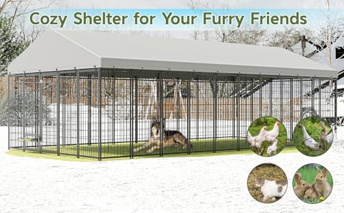 Large Dog Kennel Outdoor with Waterproof Roof Cover 18.9'L X 9.6'W X 6.76'H Metal Dog Run Enclosure Pet Pen Fence with 2 Rotatable Feeders Outside Dog House for Yard Chicken Coop Animals Ventilated