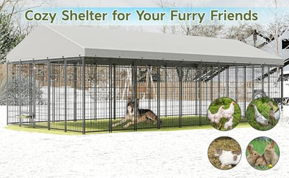 Large Dog Kennel Outdoor with Waterproof Roof Cover 18.9'L X 9.6'W X 6.76'H Metal Dog Run Enclosure Pet Pen Fence with 2 Rotatable Feeders Outside Dog House for Yard Chicken Coop Animals Ventilated