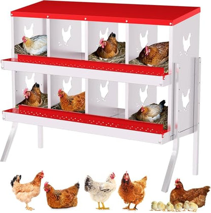 TrailBlaze 8 Compartment Chicken Nesting Box with Metal Legs, Chicken Egg Laying Boxes with Rollout Egg Collection, Large Vented Holes Chicken Coop for Chickens, Hens (Red) - color: Red, size: 8 Holes with Legs