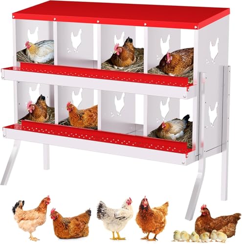 Chicken Nesting Box, 8 Holes Steel Chicken Nesting Boxes with Bracket Legs for Chicken Coop, Large Vented Holes Chicken Laying Boxes with Rollout Egg Collection, Easy Cleaning - color: Red, size: 8 Holes with Legs