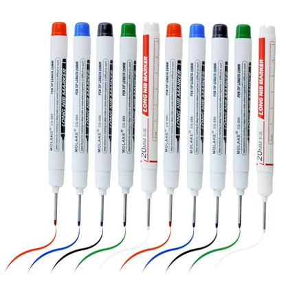 10 Pcs 20MM Long Head Deep Hole Marker Pens,Multi channel long pointed deep hole marking pen,Waterproof fast drying color building woodworking metal building marker pen