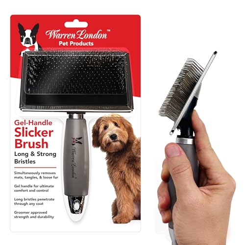 Warren London Long Pin Slicker Brush for Dogs – Professional Dog Grooming Brush for Doodles, Poodles & Long Coats – Removes Mats, Tangles & Loose Undercoat – Gentle Detangling with Comfort Gel Handle - style: Gel Handle