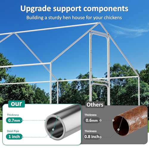 Large Metal Chicken Coop, Chicken Run with Feeding Door, Security Lock and Cover, Outdoor Walk-in Duck/Rabbit Cage Poultry Pen for Backyard, Farm, Yard (Silver - Spire Roof, 13.1 x 9.8 x 6.5 FT) - size: 157.4"L x 118.0"W x 78.7"H