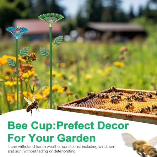 4 Pack Metal Bee Watering Station for Garden, Flower-Shaped Bee Cups, Durable Bird Bath & Butterfly Feeders for Outdoors Yard Decor (Red, Green, Blue, Yellow)
