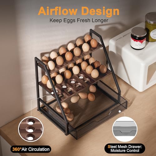 3-Tier Wooden Fresh Egg Holder Countertop With Basket for 36+90 Eggs, Storage for Countertop with Carry Handle for Gathering 150+ Fresh Eggs - size: 3 Tiers