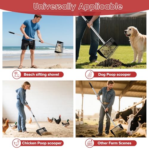 Sand Flea Rake, Heavy Duty Sand Sifter with 23" - 66" Adjustable Stainless Steel Handle, Large Litter Scoop for Beach, Chicken Coop, Farm, Garden & Yard