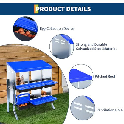 Chicken Nesting Box with Roll Away Design, 2-Layer Hen Nesting Boxes with Legs and Removable Lid, Easy Egg Collection, Cleanable Pull-Out Roosting Box for Chickens - color: Blue, size: 6 holes with legs