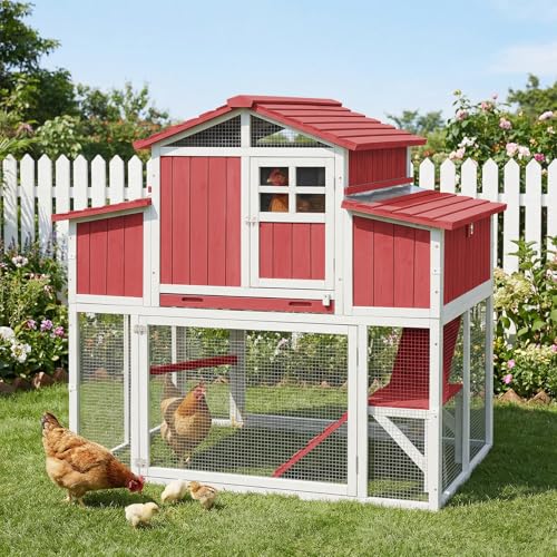 Ketive Large Outdoor Wooden Chicken Coop with Run for 2–4 Chickens, 2-Tier Elevated Hen House with Dual Nesting Boxes, Removable Slide-Out Tray, Reinforced Frame, Backyard Poultry Cage, Red - color: Red, size: 52.4"L x 35.2"W x 52.8"H