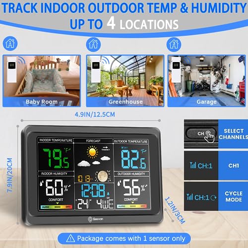 Geevon Weather Stations Wireless Indoor Outdoor Thermometer, Color VA Display Digital Weather Thermometer, Temperature Humidity Monitor with Barometer, Calendar, and Adjustable Backlight