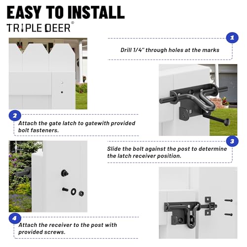 TRIPLE DEER Heavy Duty Sliding Bolt Gate Latch with Padlock Hole & Carriage Bolt, Slide Bolt Hardware for Wooden Fence/Yard Fence/Shed Door/Barn Door, Black, 2 Pack
