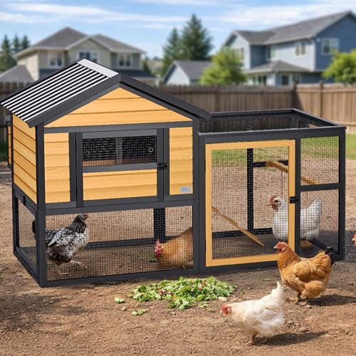 PETSFIT Chicken Coop for 4-6 Chickens,Outdoor Backyard Coop with Run, 3 Nesting Boxes, 3 Roost Bars (1 with Swing),Easy Clean 3-Door Access,Weather-Resistant PVC Roof, 6 Ground Stakes - color: Brown+Horizontal Line Stripes
