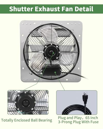 14 Inch Shutter Exhaust Fan, Vent Fan with Power Cord Wall-Mount, High Speed 1520CFM for Garages, Attic, Shops, Greenhouse - size: 14 IN
