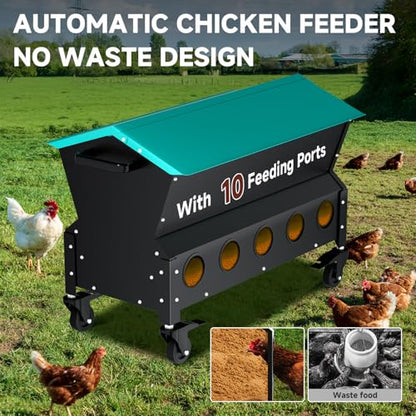 Heavy Duty Chicken Feeder 120 lbs Large Capacity, Metal Automatic Poultry Feeding Box with Waterproof Lid, Raised Standing Feeder with Wheels for Hens & Roosters, Portable & Easy to Move - color: Green