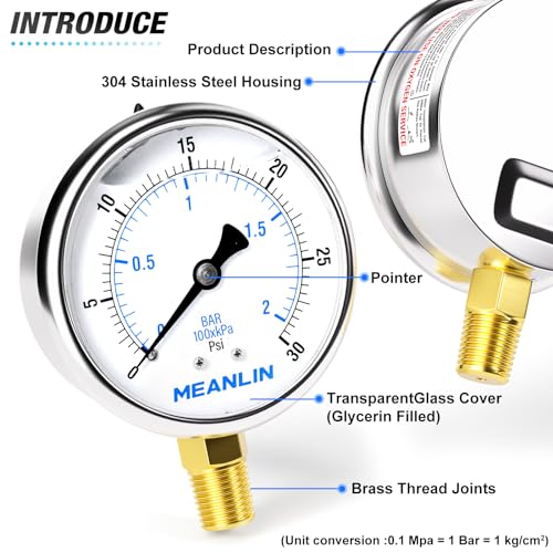 MEANLIN MEASURE 0~30Psi Stainless Steel 1/4" NPT 2.5" FACE DIAL Liquid Filled Pressure Gauge WOG Water Oil Air Lower Mount, with 1/2" NPT and 3/8" NPT Hex Bushing - size: 0-30Psi