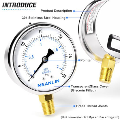 MEANLIN MEASURE 0~30Psi Stainless Steel 1/4" NPT 2.5" FACE DIAL Liquid Filled Pressure Gauge WOG Water Oil Air Lower Mount, with 1/2" NPT and 3/8" NPT Hex Bushing - size: 0-30Psi