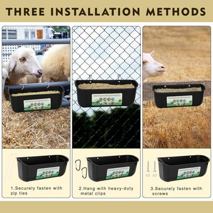 10 Pack Fence Feed Feeder 4.5 Quart Hanging Chicken Feeder Trough with Brush & Scoop Black Goat Hanging Fence Feeders Feeder with Hooks Screws & Zip Tie for Livestock Feeding Container Goats Supplies - color: Black, size: 10 Pack