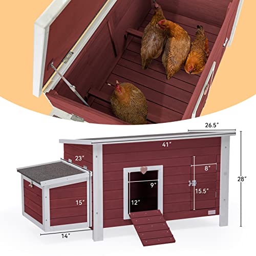 Petsfit Large Chicken Coop with Upgraded Perches, Wooden Outdoor Chicken Cage with Large Nesting Box, Weatherproof Open Asphalt Roof, and Removable Bottom for Easy Cleaning - color: Red