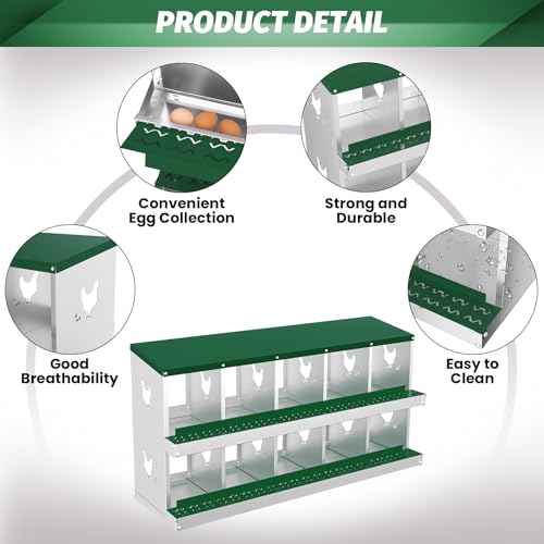 IDEALHOUSE Chicken Nesting Box, Galvanized Steel Laying Box with Rustproof & Roll-Away Egg Design, for Hens, Green 10 Compartment No Bracket - color: Green, size: 10 compartments (without bracket)
