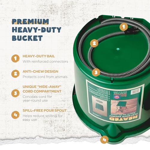 Farm Innovators 4 Pack Heated Water Bucket, 120W Heating Power - Flat Back 5 Gallon Plastic Bucket with Cord Storage for Livestock Watering & Feeding