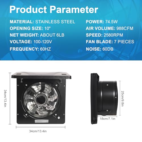 10 Inch Exhaust Fan with Switch, 1236 CFM Powerful Through Wall Exhaust Fan with Damper, Potable Window Exhaust Fans, Small Fume Extractor Ventilation Fan for Attic, Shop, Smoking Room, Ceiling