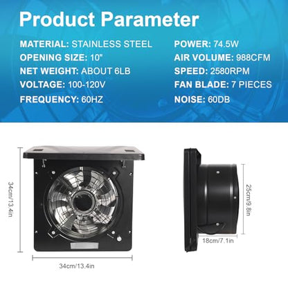 10 Inch Exhaust Fan with Switch, 1236 CFM Powerful Through Wall Exhaust Fan with Damper, Potable Window Exhaust Fans, Small Fume Extractor Ventilation Fan for Attic, Shop, Smoking Room, Ceiling