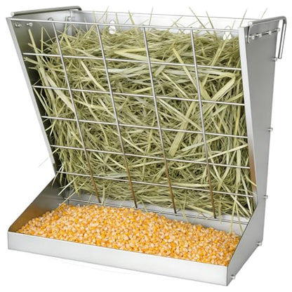 Wall Mount Hay Feeder,2 in 1 Hay & Grain Livestock Feeder,Heavy-Duty Metal Wall Mount Hay Rack for Goats/Sheep, Horses, Cattle