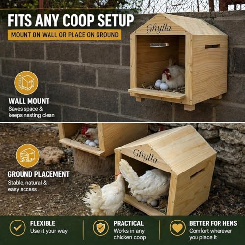 Chicken Nesting Box for Laying Eggs, Extra Large Wooden Hen Box, Solid Pine, Spacious & Comfortable, Ventilated Design, Easy Assembly, Wall or Ground Use