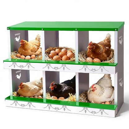 Chicken Nesting Box 6 Compartment Metal Chicken Rollout Egg Collection Laying Hens Ducks Large Heavy Duty Vented Holes Easy Clean Poultry Nest Box Chicken Coop Green - color: Green, size: 33.6"L x 5.5"W x 14.7"H