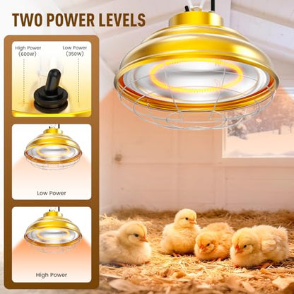 600 Watt Large Heat Lamp for Chicken Coop, Hanging Chicken Coop Heater, Carbon Fiber Bulb Waterproof Coop Heater with 2 Heating Levels, Chicken Warmer Lamp for Indoor Poultry Pet Livestock Greenhouse - size: Large Coop Heater
