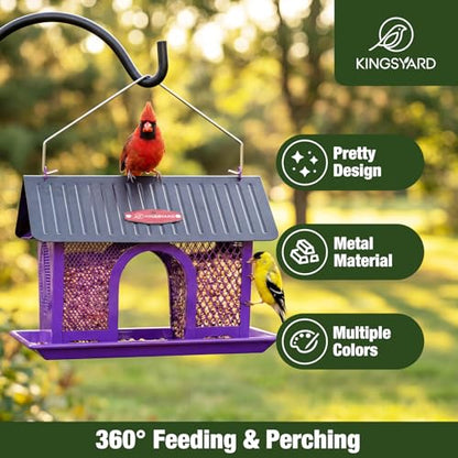 Kingsyard Bird Feeder for Outdoors Hanging, Dual-Use Metal Mesh Wild Bird Feeders with Seed Tray & Weatherproof Roof, 3 lbs Large Capacity, Purple - color: Purple