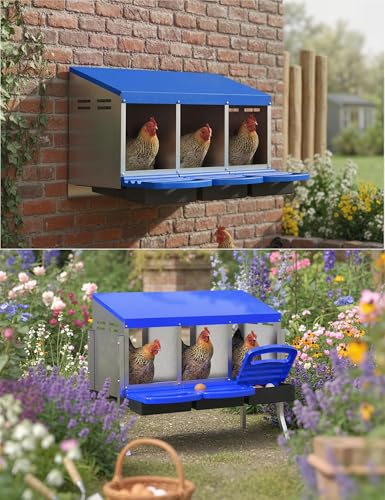 Garvee Nesting Boxes for Chickens - 3 Compartment Metal Stainless Steel Chicken Nesting Boxes with Pull-Out Trays,Hen Roosting & Laying Eggs,Roll Away Design,Easy to Install and Easy to Clean - color: Blue, size: 3 Holes with legs