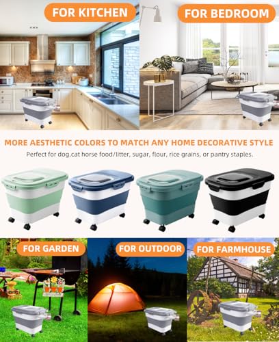 15-23 Lbs Dog Food Storage Container, Collapsible Dog Food Container with Airtight Lid, Wheels, Handle, Large Cat Food Storage Container with Scoop, Dog Bowl for Dog Cat | Dog Food Container with Double Seal & Magnetic Lid,Cat Food Container with Wheels &