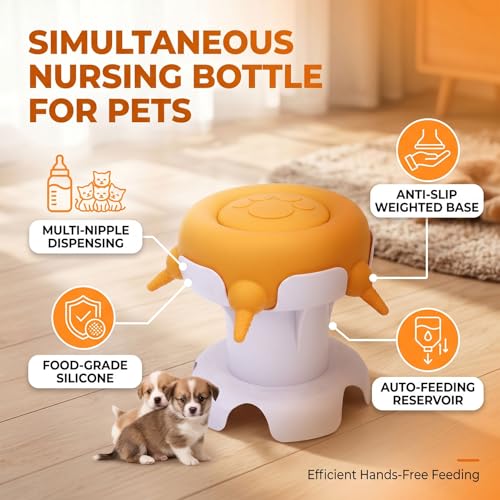 Zopsc Pet Milk Feeder Station, Silicone Feeding Bowl for Puppies Kittens, Small Animal Nursing Bottle with 4 Nipples, Leakproof Design for Pet Owners - color: Yellow